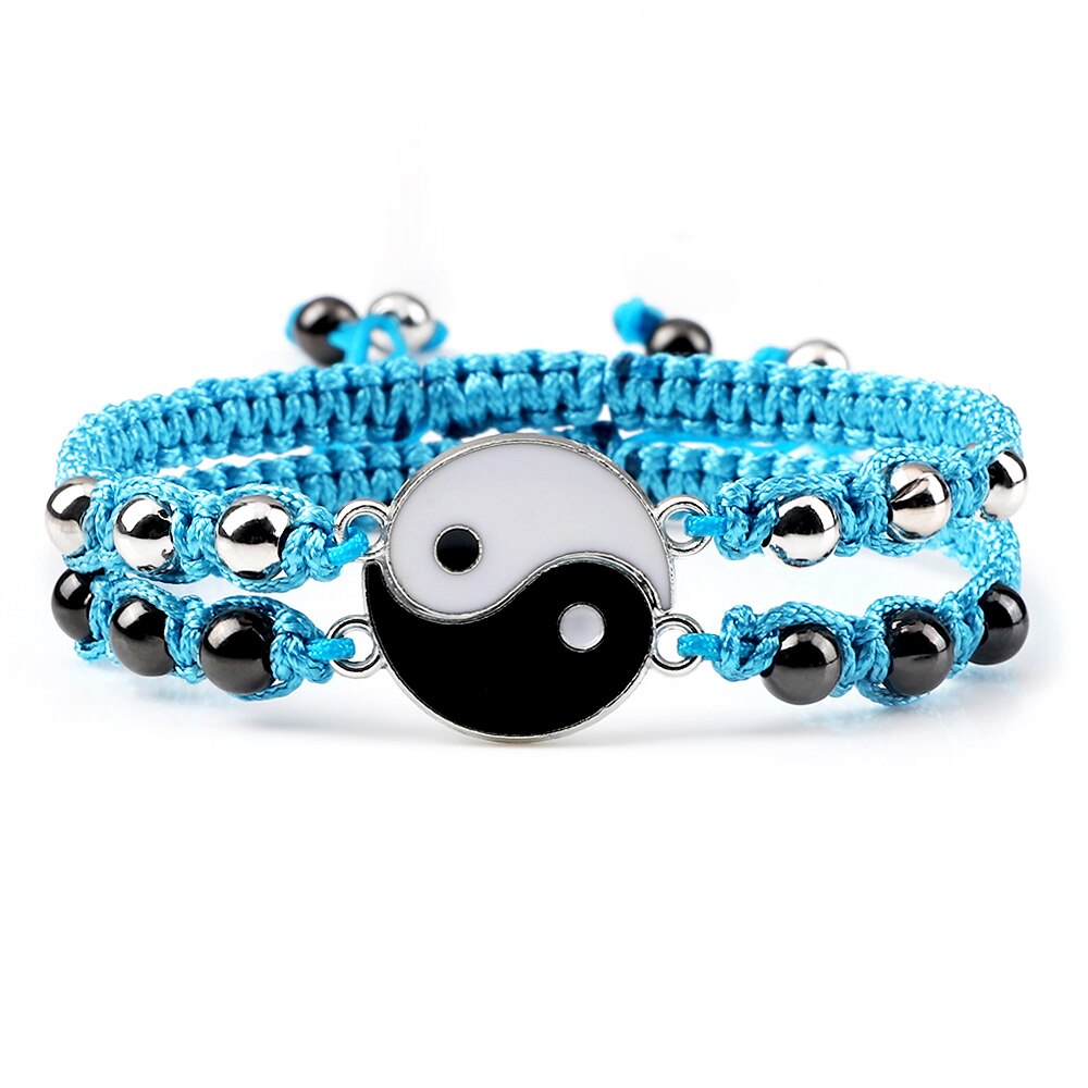 2 unids/set de pulsera trenzada Yin Yang Tai Chi, abalorio negro y blanco, pulseras ajustables a juego para parejas y joyería para amantes de la distancia Blangle: Blue