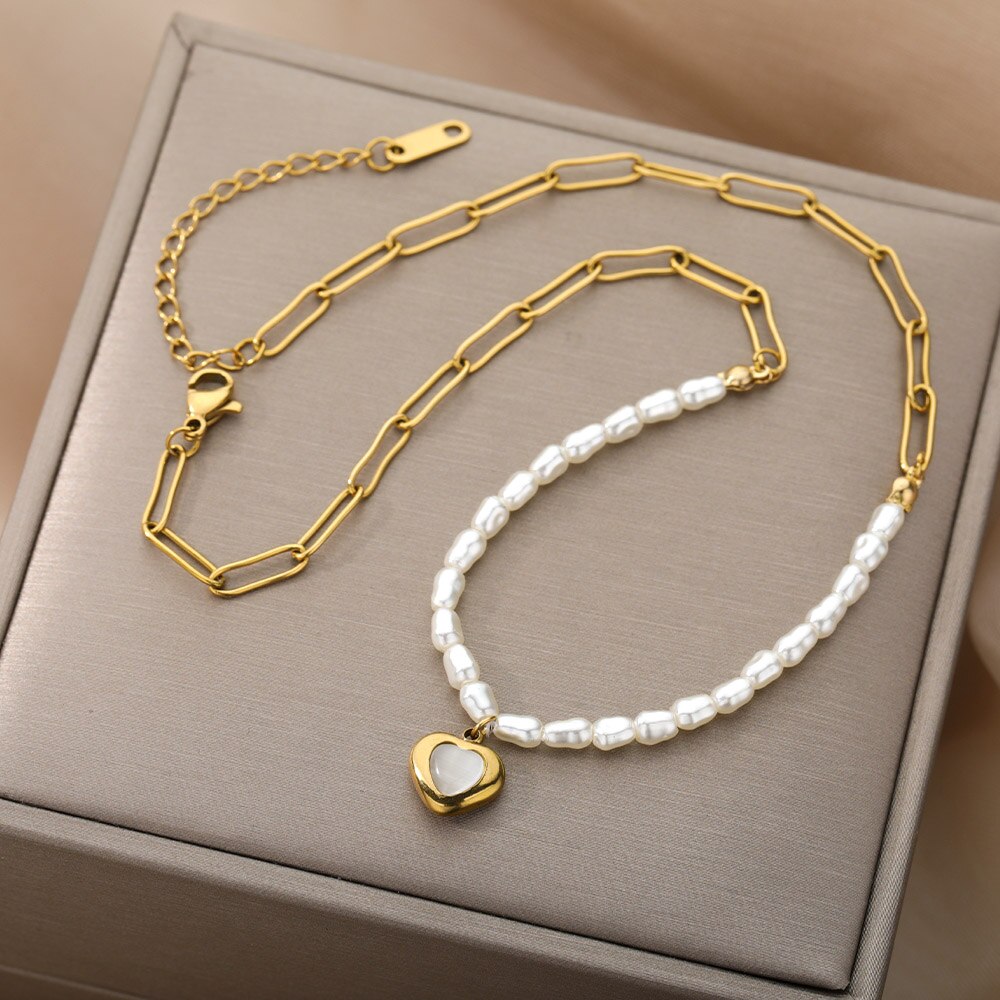 gotisch Herz Halsketten Für Frauen Edelstahl Barocke Perle Anhänger Stift Kette Halsband Halskette Femme Boho Schmuck