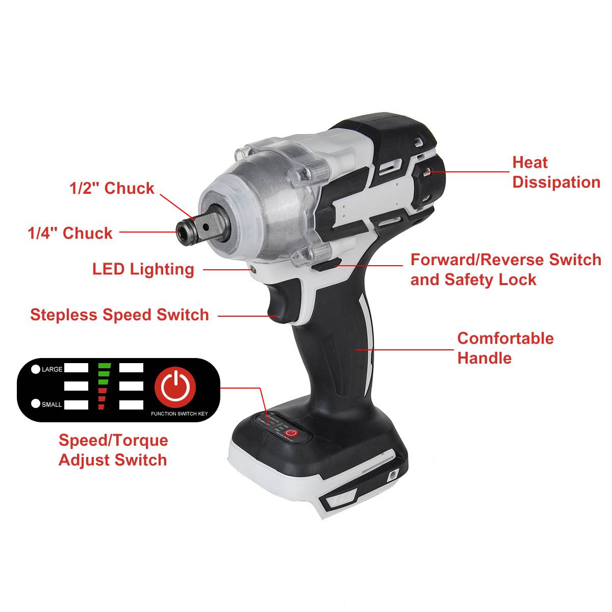 Drillpro Brushless Cordless Electric Impact Wrench Screwdriver 1/2"&1/4" Wrench Power Tools for 18V Makita Battery with Battery