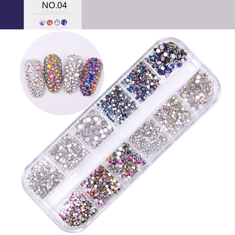 12 gitter farverige krystal nail art rhinestones akryl negle sten perler nitter flad tilbage glitter tips 3d negle kunst dekorationer: 04