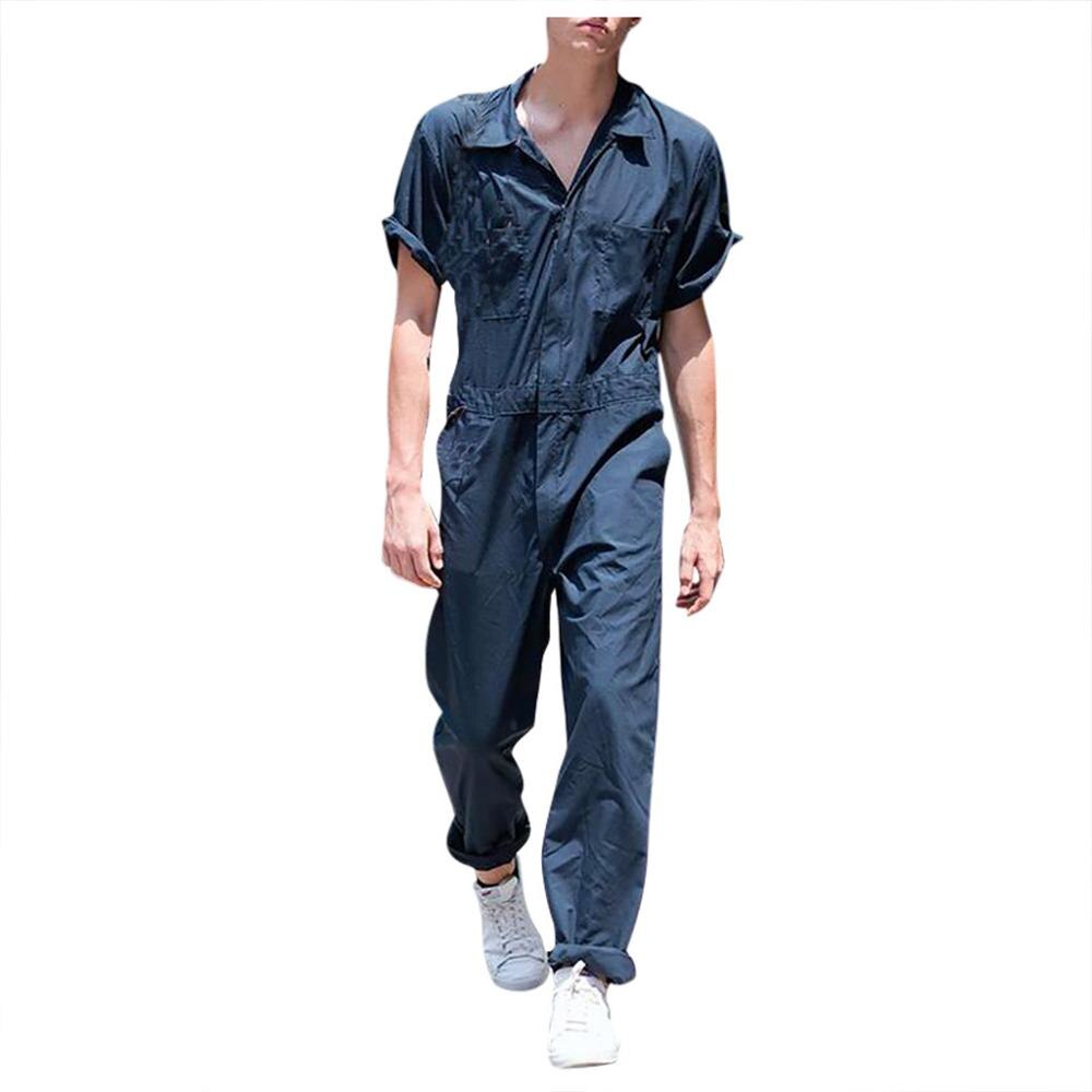 Dragkedjeoverall för män kavaj enfärgad jumpsuit kostym tunn kostym som andas byxbyxor sommar kortärmad fritids jumpsuit kläder: Xl / Blå