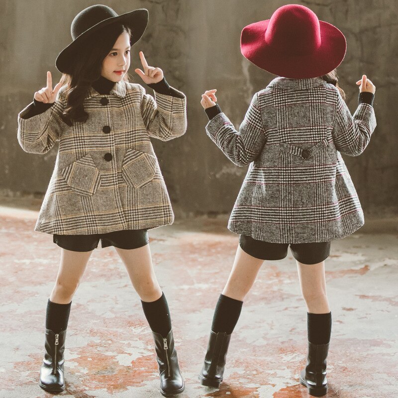 Stor flicka tjocka yllerockar barn klassisk rutig lös jacka barn höst vinter yllerock flickor barn turn-down krage kläder