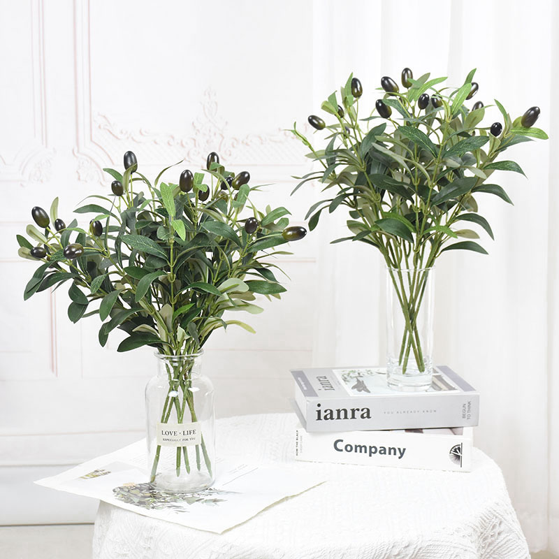 1/3 Uds hojas de olivo artificiales rama de árbol planta verde con fruta para el hogar jardín florero decoración ramo de boda flores de seda