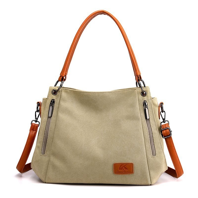 Effen Kleur Waterdichte Uitje Reizen Schoudertassen Voor Vrouwen Canvas Multifunctionele Rits Casual Crossbody Tas: Khaki