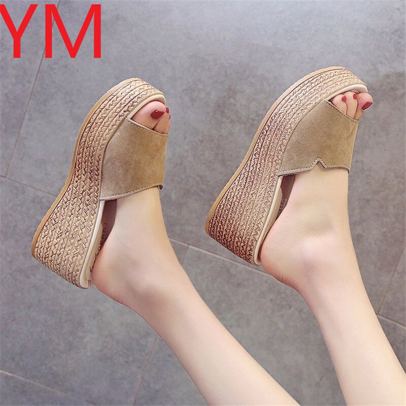 Extérieur été sandales compensées pour femme chaussures femme décontracté paille talons hauts plate-forme dames diapositives femme loisirs: Kaki / 38