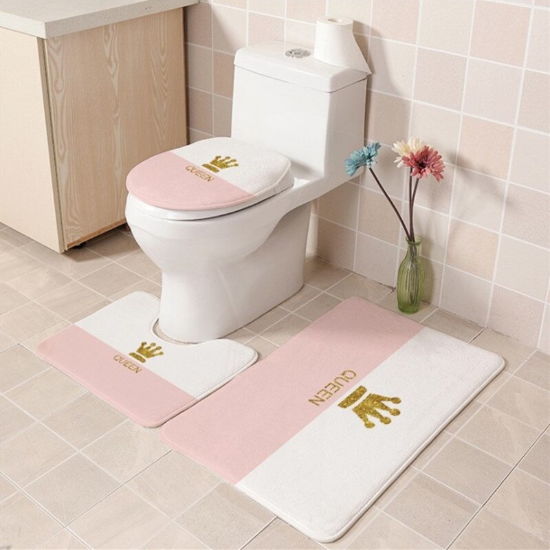 3 stk / sæt badeværelsesmåtte sæt flannel skridsikker køkken bademåtte tæppe badeværelse tæppe vaskbar enkel boligindretning toilet sædehynde: Guld krone