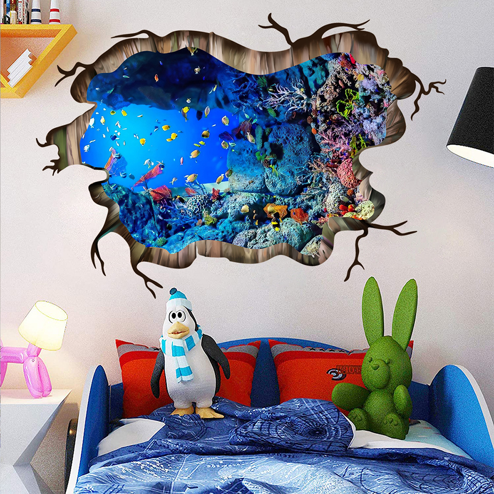 3D Underwater World Wall Decal Home Floor Stickers Decor Vivid Fish Sea Turtle Broken Animals Art Wall Decal