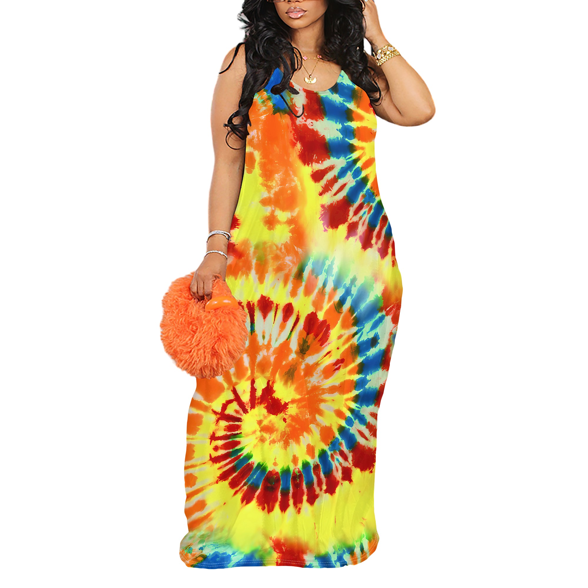 sexy Damen-Kleid mit tiefem V-Träger, bedruckt, langes Kleid, Freizeitkleid, Maxikleider für Damen, Sommer, mit Taschen: XXXL / Weiß
