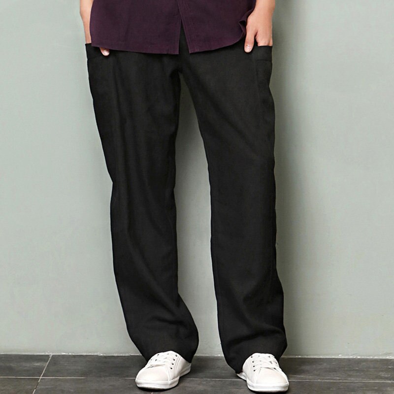 Men's Cotton and Linen Casual Jogger Pants Male Fitness Trousers Chinese Traditional Harajuku Spring Autum Clothe: Black / XXXL