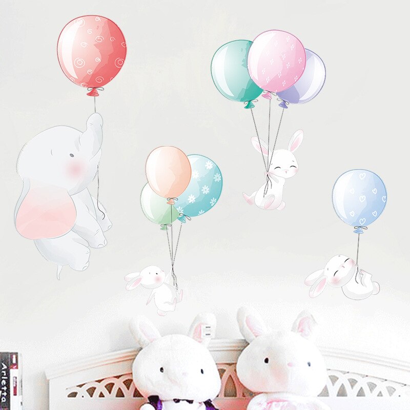 Tecknad färg ballong elefant väggdekaler för barnens baby rum dekoration självhäftande papper barn