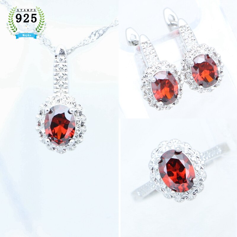 Anillo granate, pendientes, colgante, collar, joyería dulce, conjunto de joyas de plata de ley 925 para mujer, caja de gratis