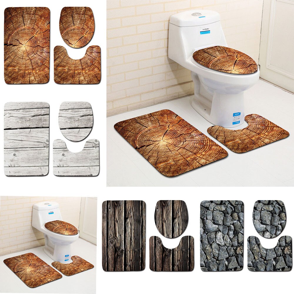 Alfombrilla de baño antideslizante con de madera creativa, juego de decoración para el baño, 3 uds., poliéster, moderno, Aug6
