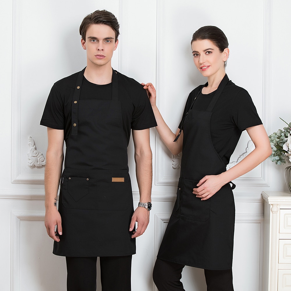 Unisex kock förkläde restaurang cozinha arbetskläder män kvinnor matsal hem kök matlagning servitör servitris hängande hals förkläde: Svart