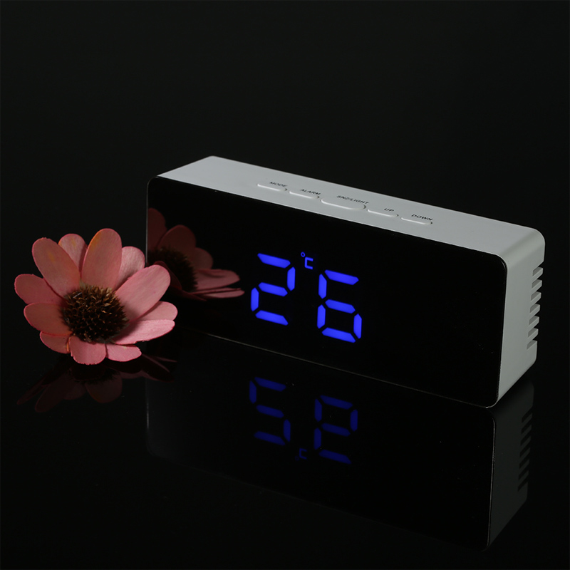 Digital LED Alarm Clock 12H/24H Alarm and Snooze Function Mirror Clock Indoor Thermometer Electronic Desktop Table Clocks USB: Blue