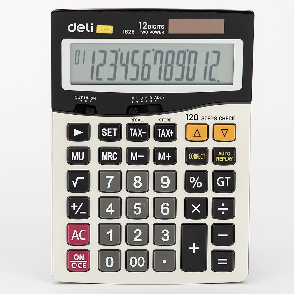 Calculadora Deli E1629, programador universal, 120-comprobar, calculadora de impuestos, batería de 12 dígitos y energía Solar Dual, superficie de Metal para oficina: Default Title