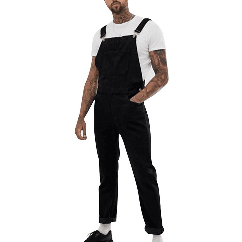 Jeans jumpsuit för herr svart jeans lång overall casual märkesbyxor herr hip hop streetwear jeans hängselbyxor: M