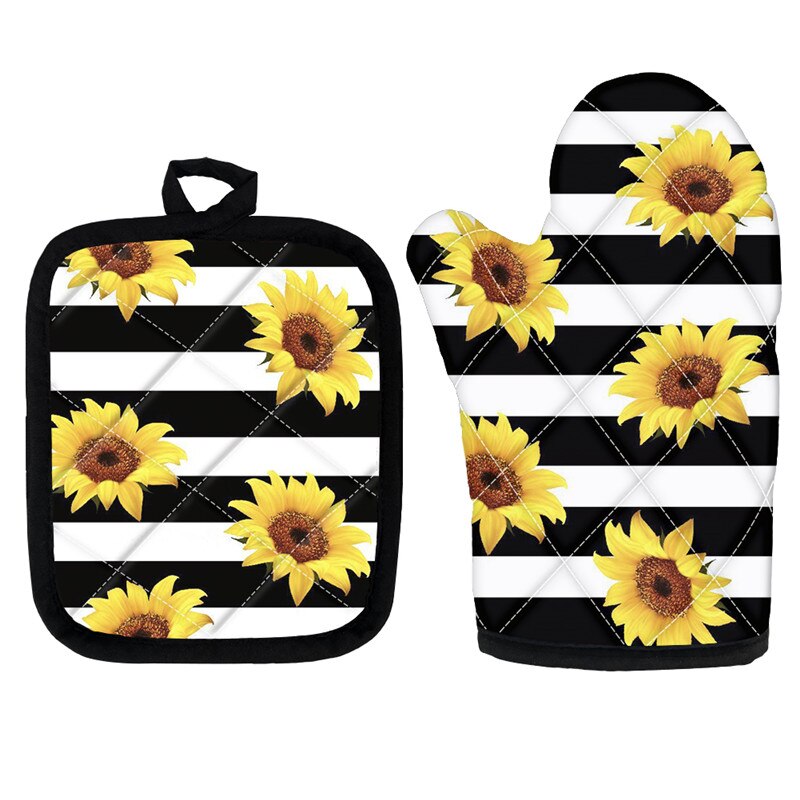 Golden Sunflowers Oven Mitts and Pot Holders Insulated Gloves for Cooking BBQ Baking Grilling Floral Style Kitchen Accessories: YY4303D19