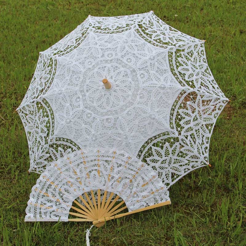 Fabrik Handgemachte Verschiedenen Größen Prom Hochzeit Braut Spitze Regenschirm Fan Sonnenschirm Latte-Burg Spitze Sonnenschirm und Fan einstellen