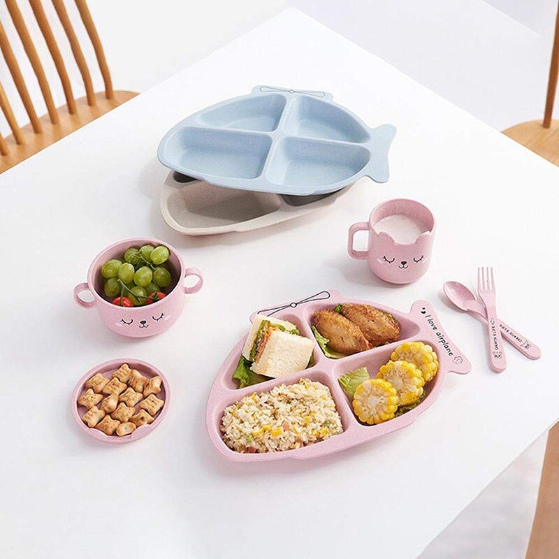 Assiette d'alimentation solide en plastique pour enfants, plat à dîner divisé pour enfants, joli hélicoptère de dessin animé, nourriture pour bébé, 4 sections avec cuillère fourchette