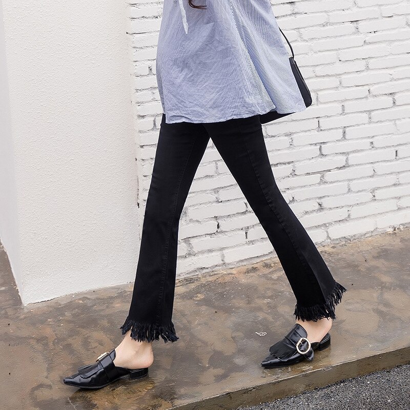 Maternity Jeans High Waist Black Tassel Flare Pants for Pregnant Women Boot Cut Stretch Solid Pregnancy Denim Jeans S-XXL