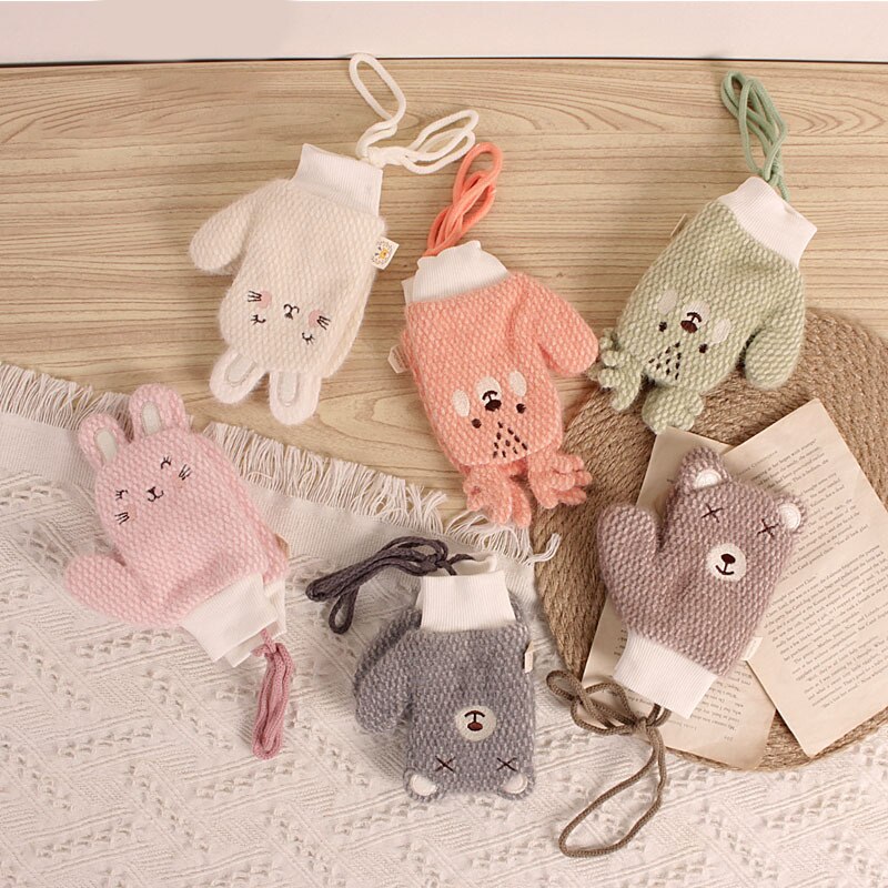 Girl Gloves Korean-Style Cartoon Bear Rabbit Children's Knitted Winter Warm Baby Halter Knitting Wool Gloves 2-6T