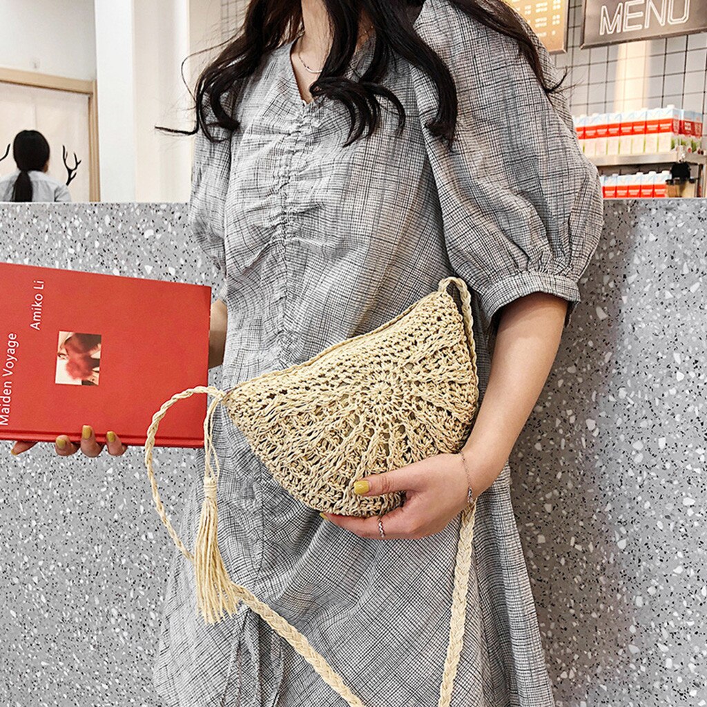 Ocardian bolsa feminina fashiom semicircular handwoven férias bolsa rattan palha praia saco de verão crossbody mujer a18