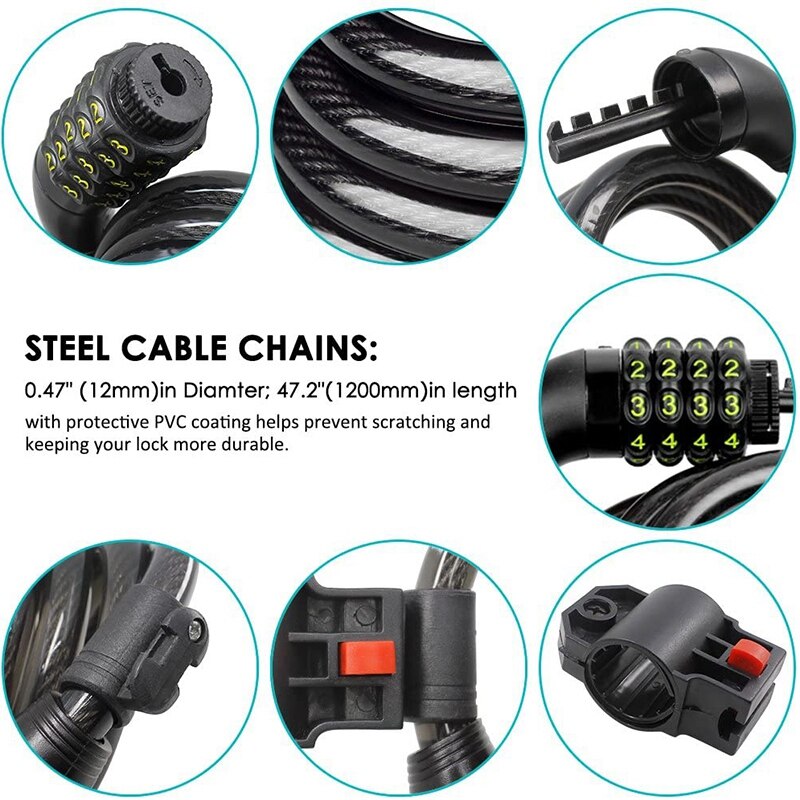 thumbnail image 2 of Honszex Scooter & Bike Lock - 12mm Steel Cable With Combination Code, 41 Inch Length, Dual-End Lock For Anti-Theft 2 of 10