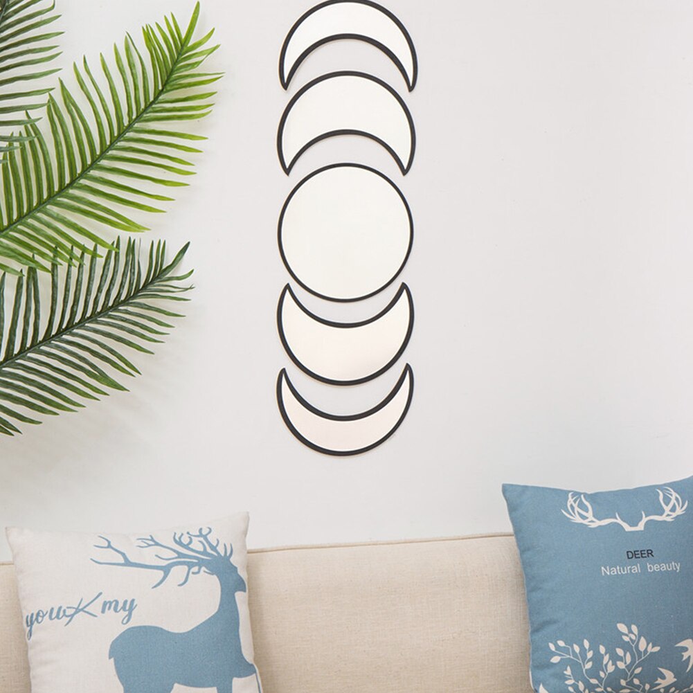 5pcs Ornament DIY Wooden Frame Wall Mirror Office Living Room Home Decor Shatterproof Nursery Bedroom Moon Phase Apartment