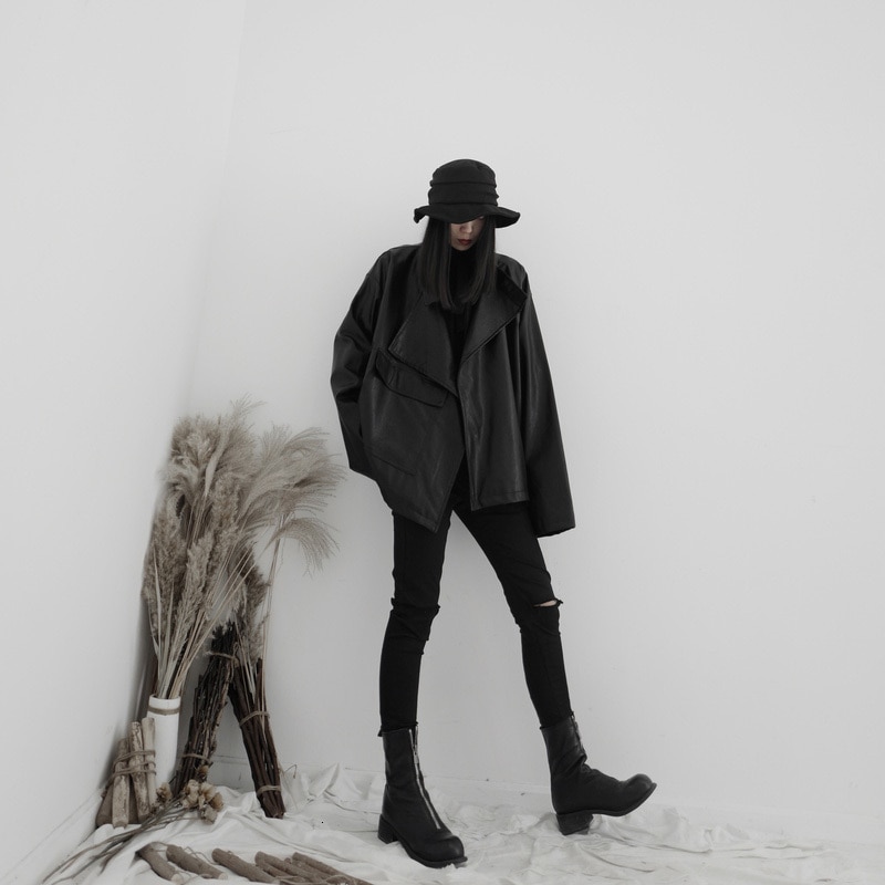 [EAM] coupe ample grande taille asymétrique Pu cuir veste revers à manches longues femmes manteau printemps automne 19A-a543