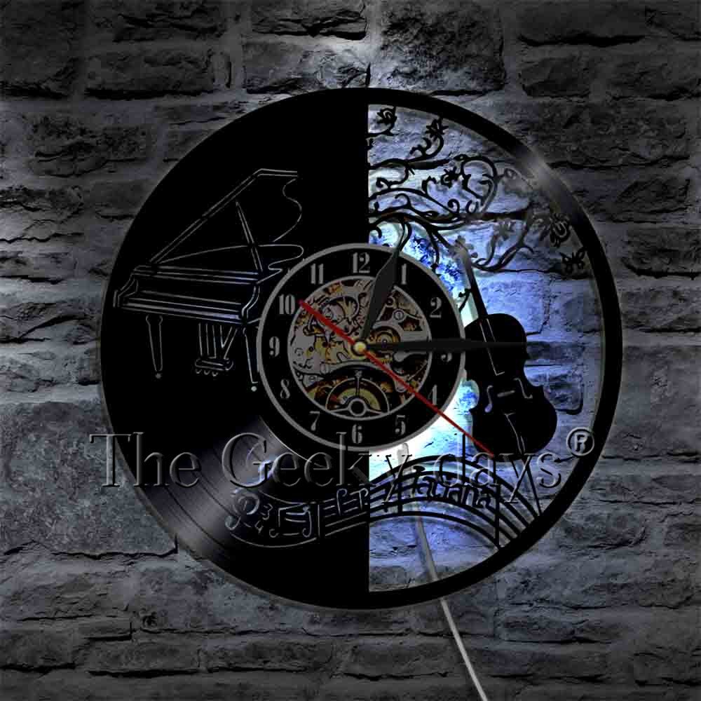 1Piece Music Instrument Vinyl Record Wall Clock Violin Piano LED Hanging Watch Time Clock Modern Music Wall Art Home Decorative