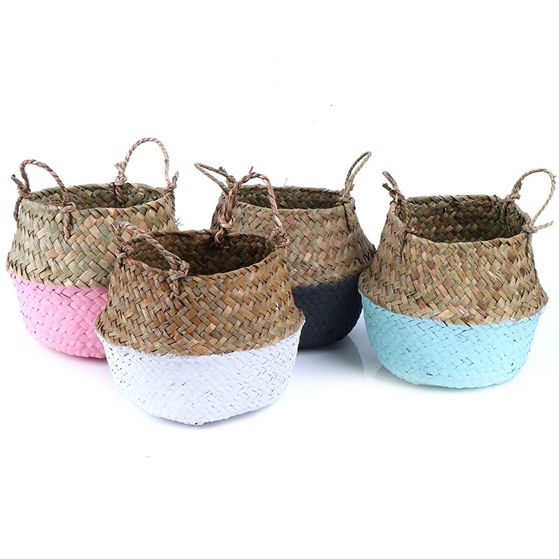 Mini Bambus Lagerung Körbe Faltbare Wäsche Stroh Patchwork Weide Rattan Seegras Bauch Blumentopf Pflanzer Handgemachte Korb