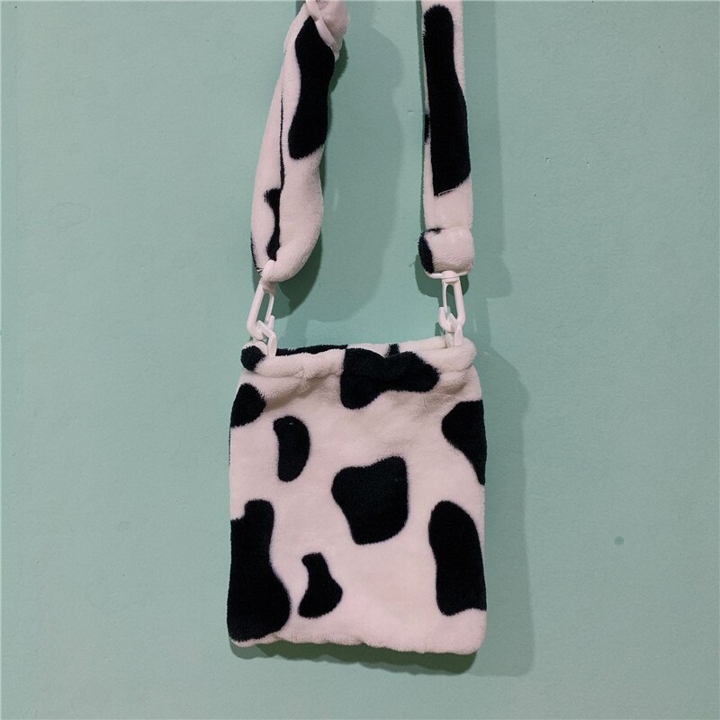 Cute Milk Cow Zebra Pattern Shoulder Bags Ladies Plush Handbag Cartoon Totes For Female Casual Bag Mini Zip Woman Purses: Big Cow Pattern