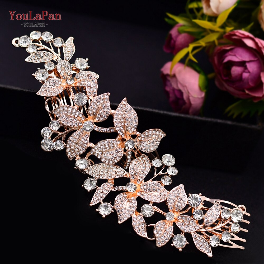 Topqueen-acessórios de cabelo hp301, estilo indiano, para noivado, fabricado em liga de flores, coroa e tiaras, prata, para casamento: HP301-Rose Gold