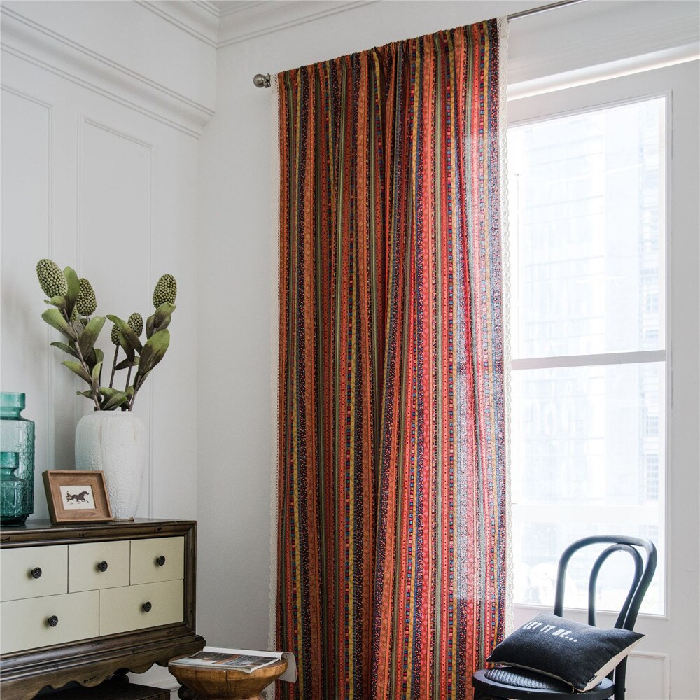 Bohemian Striped Printing Orange Cotton Linen Art Kitchen Half Shaded Curtains For living room: 260cm