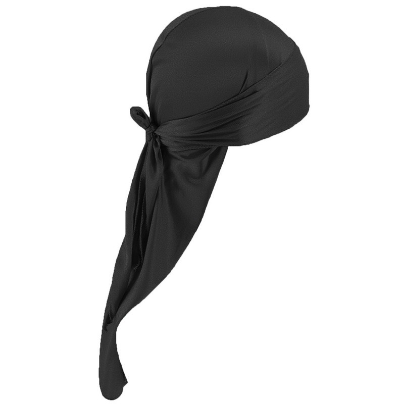 Satin Men Stretchy Cap Hip Hop Wigs Turban Bandana Headwear Toe Cap Solid Color Long Pirate Hat Tie Down Tail Hair Accessories: black