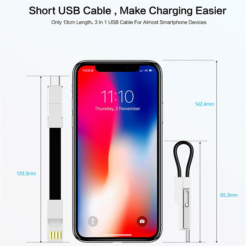 Cabo de Chave de Carga USB Cadeia 3 em 1 Tipo C Iluminação Micro USB Charger Cable Para Samsung S9 Android 2A Mini Keychain Cabo De Carregamento