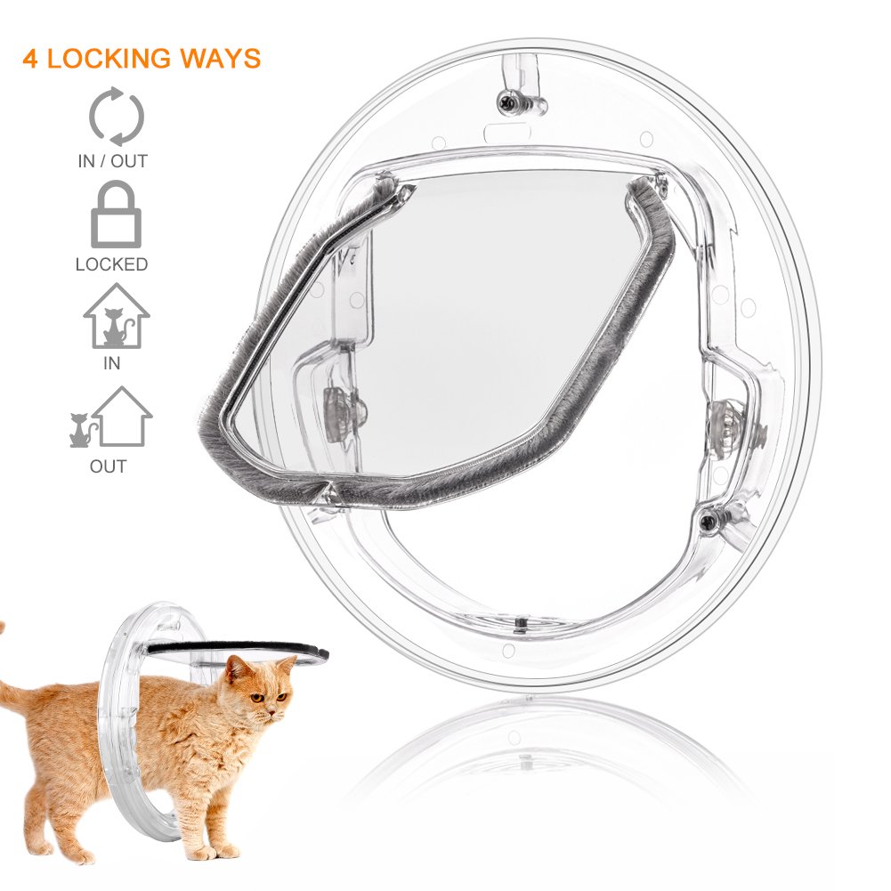 Pet Dog Flap Door Round Clear Door 4 Ways Cat Gate Lockable Security Pet Entrance Glass Window Puppy Hole Door for Cats Dogs