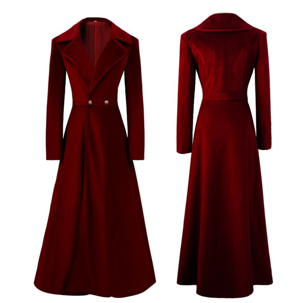 Vintage dame middelaldersk lang kåpe høst slank midje maxi vinterkjole fløyel 19th. århundre retro trenchcoat lang yttertøy: Xl / Rød