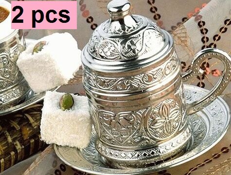 Copper Turkish Tea Coffee Espresso Cups Set Anatolian Arabic Coffee Cups Set Ottoman Tea Sets MADE IN TURKEY: 2 pcs Silver