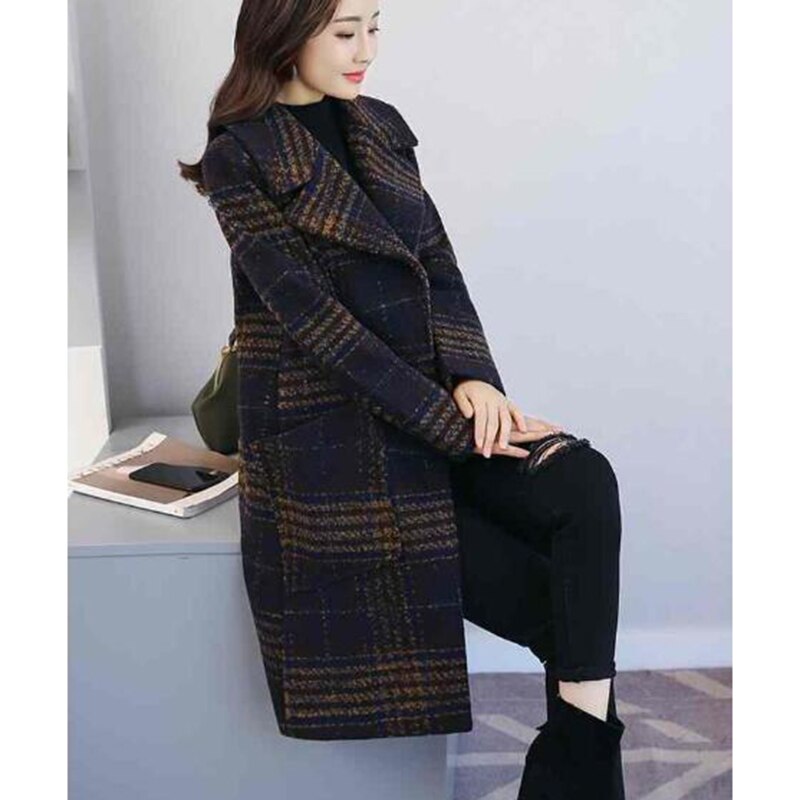 Manteau en laine pour femme, pardessus en treillis, grande taille, Long, décontracté, automne hiver