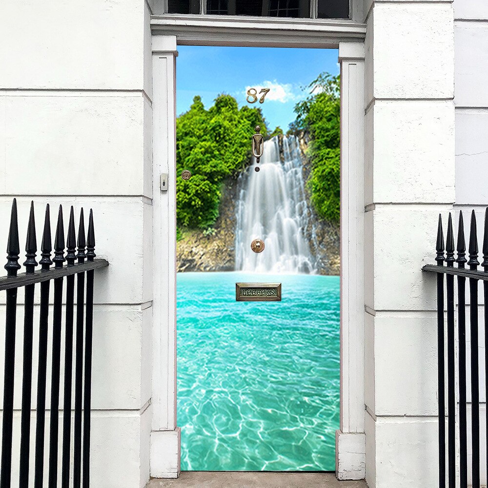 3D Waterfall Self Adhesive Door Sticker PVC Waterproof Decoration Photo Wallpaper Removable Wall Decal Living Room Bedroom Mural