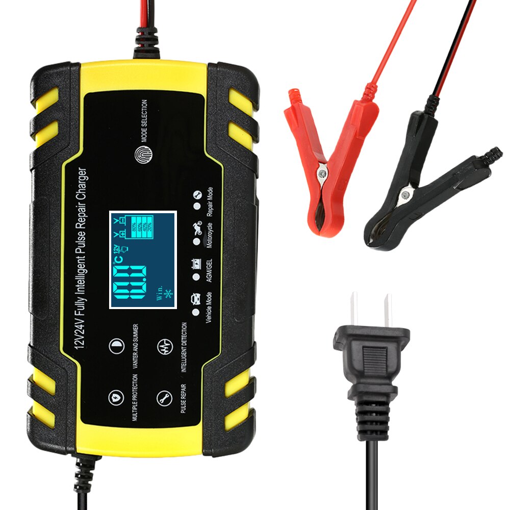 Chargeur de batterie de voiture 12V 8A 24V 4A | Chargeur de batterie intelligent, automatique, 3 étages, affichage LCD, chargeur de batterie à acide plomb humide, AGM GEL: Yellow US Plug