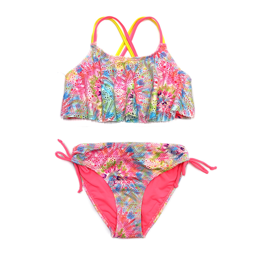 Mädchen Rüschen Volant Druck Häkeln Teenager Mädchen Bikini Krawatte Seite Boden Höhlen Zurück Kreuzmuster Zwei Stück Badeanzüge Bademode: Rosa-FS / 10-12