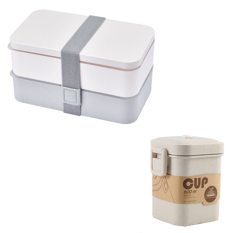 1200ml Double Layers Lunch Box With Spoon and Fork Healthy Plastic Bento Boxes Microwave Food Storage Container Lunchbox: Gray Set