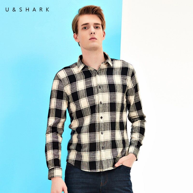 U&SHARK Men Vintage Plaid Shirt Long Sleeve Flannel Black Checkered Casual Shirts Chemise Homme Male Cotton Brown