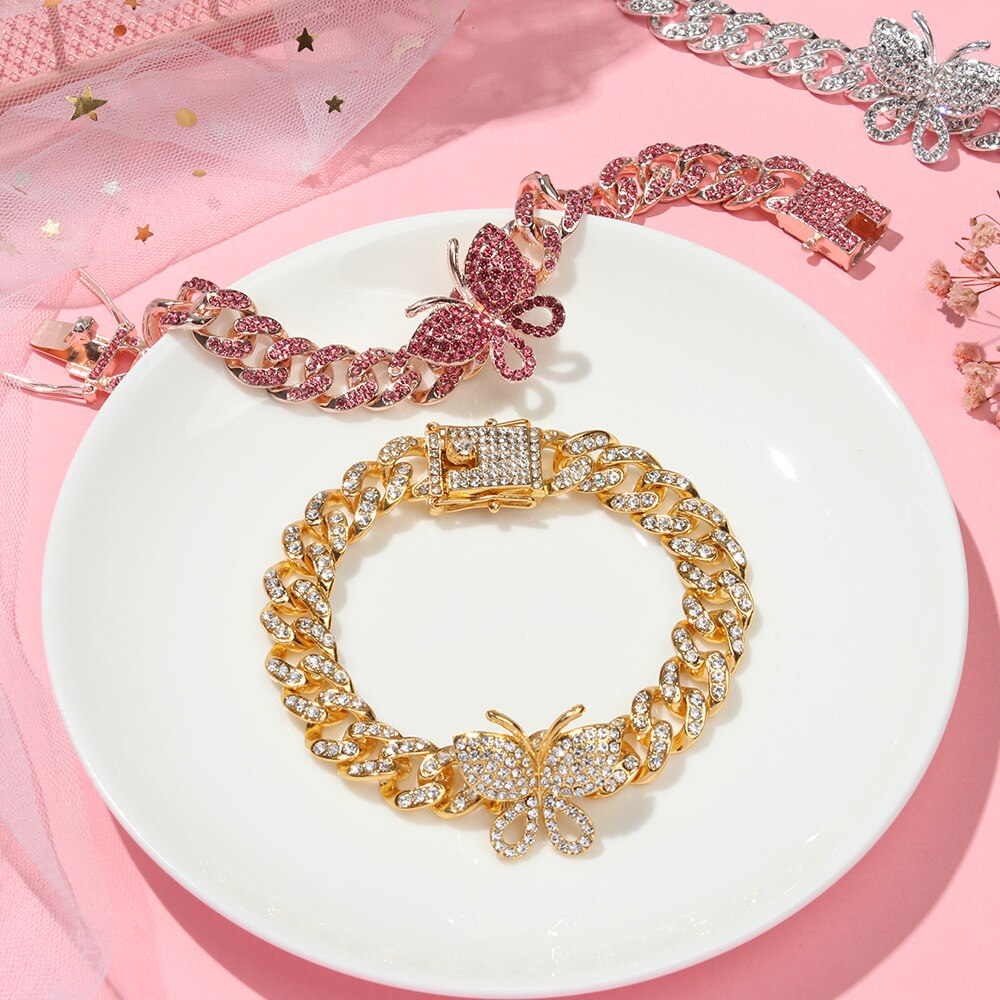 1 Pc Zirkoon Vlinder Enkelband Bling Strass Cubaanse Link Chain Enkelbanden Voor Vrouwen Brede Voet Armbanden Boho Strand Sieraden