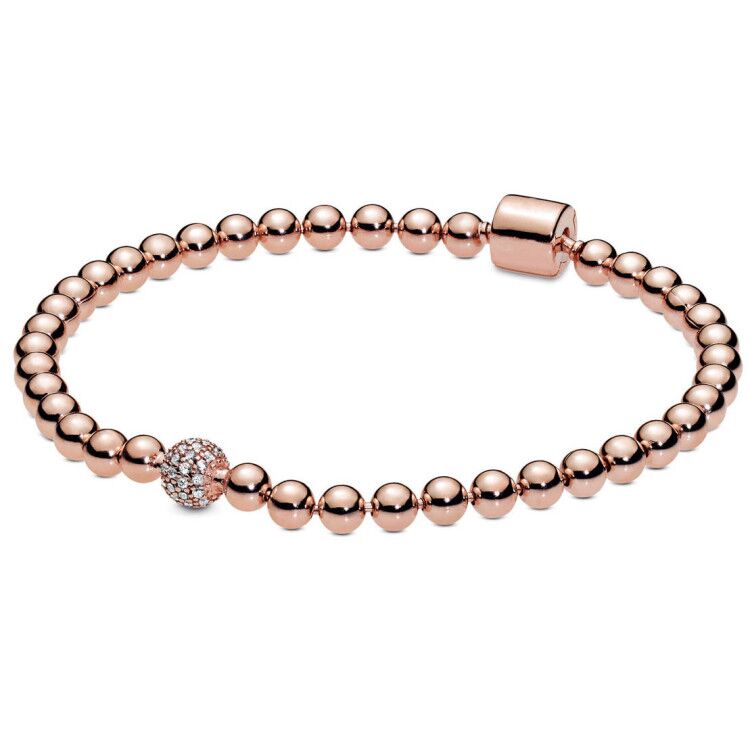 Real Rose Gold Beads & Pave Crystal Sliding 925 Sterling Silver Bracelet Fit Fine Original Bangle Bead Charm Diy Jewelry: 2 / 19cm