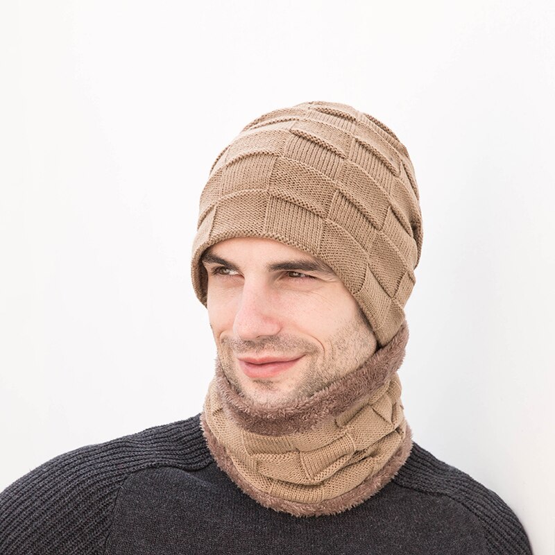 Unisex pipot hattu sormus huivi käsineet setti talvineulottu paksu lämmin lippalakki naiset miehet kiinteä retro pipo hattu pehmeä kosketusnäyttö käsineet: Kameli 2 kpl setti