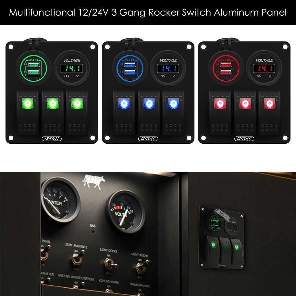 Boat Switch Panel Car Switch Panel Waterproof Digital Voltmeter Dual USB Port 12V Outlet Combination Marine LED Rocker 3 Gang