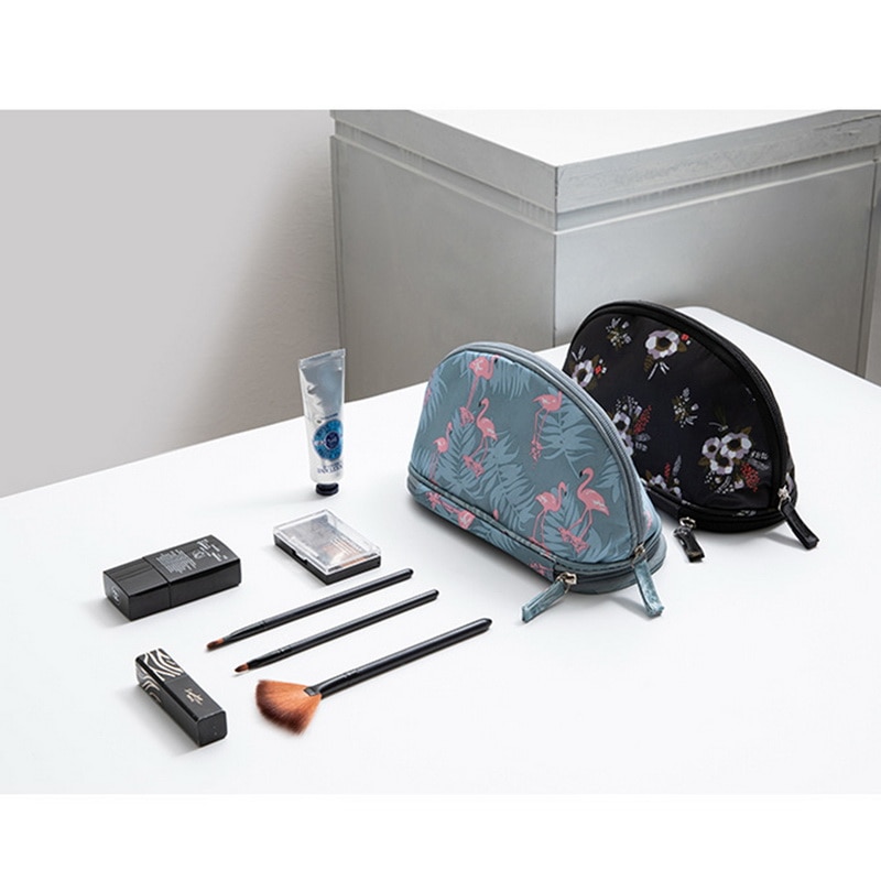 SHUJIN Portable Flamingo Cosmetic Bag Double Layer Travel Makeup Pouch Bags Circular Woman Make Up Bag Brush Organizer